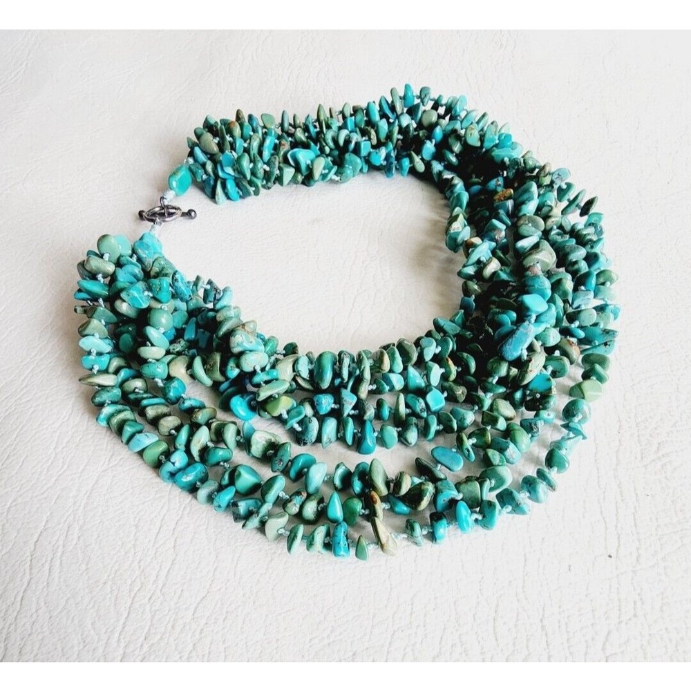 Vintage 925 Sterling Genuine TURQUOISE Chip 8 Strand Necklace Toggle Clasp - Picture 5 of 9